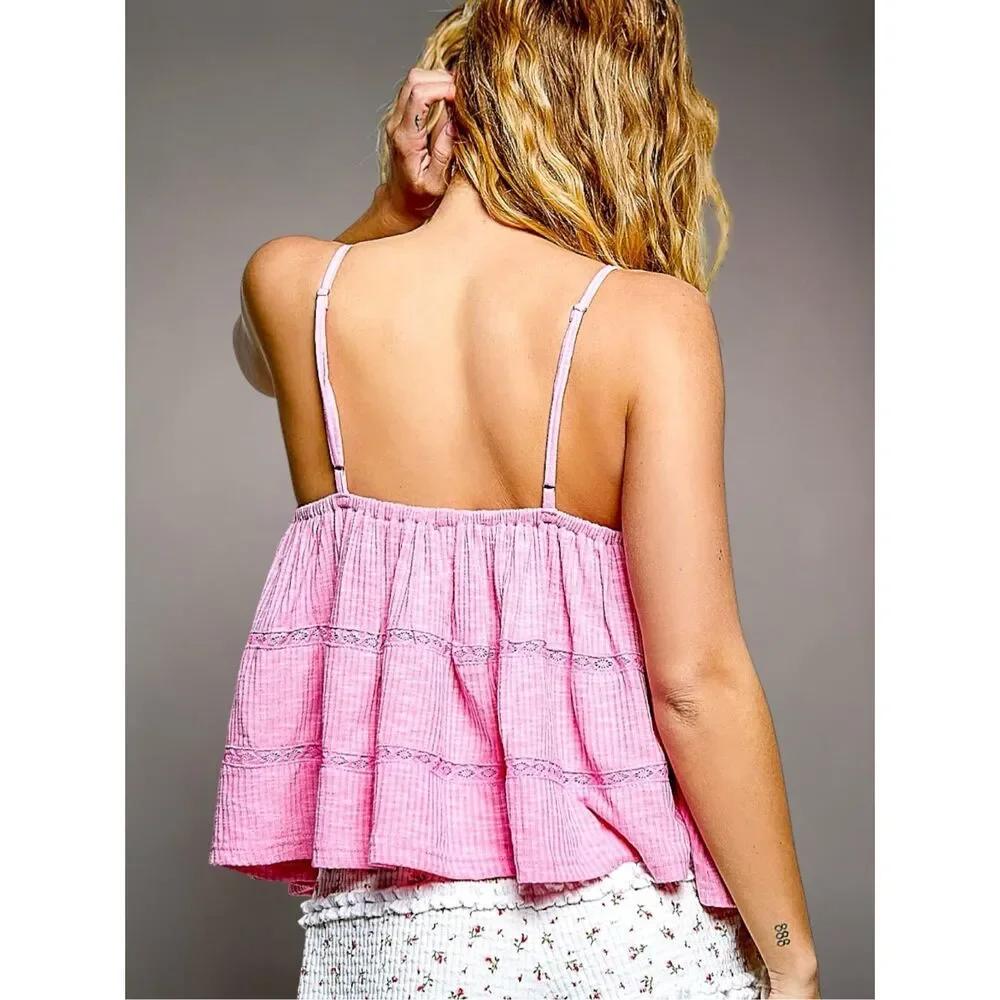 POL Embroidered Ruffle Cami Pink Tiered Tank Boho Flowy Top NEW - Picture 5 of 9